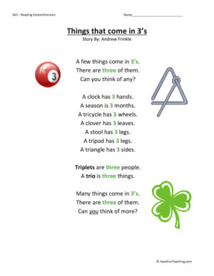 Things that come in 3s Reading Comprehension Worksheet