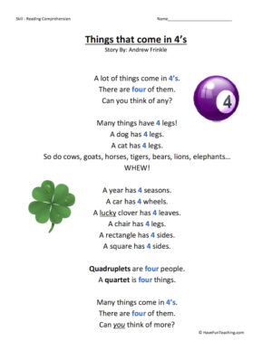 Things that come in 4s Reading Comprehension Worksheet