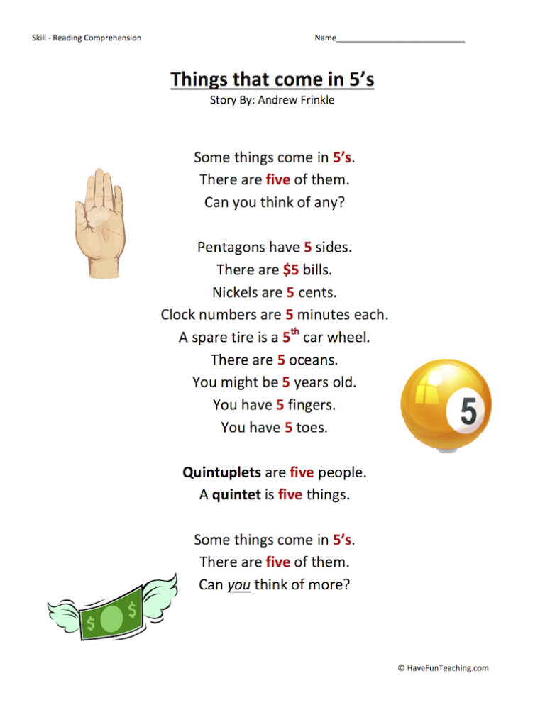 Things that come in 5s Reading Comprehension Worksheet