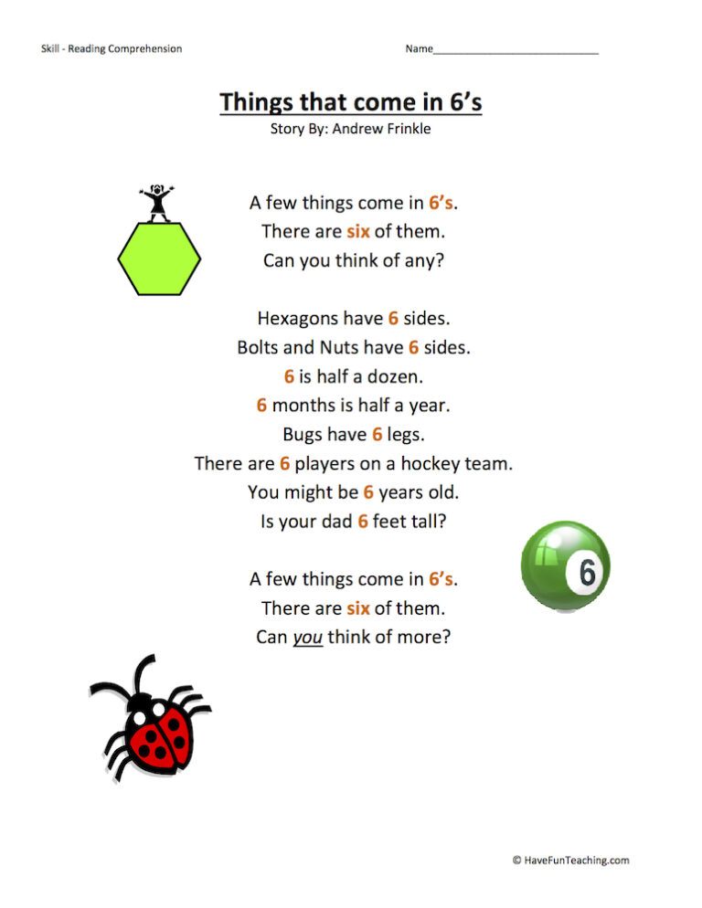 Things that come in 6s Reading Comprehension Worksheet