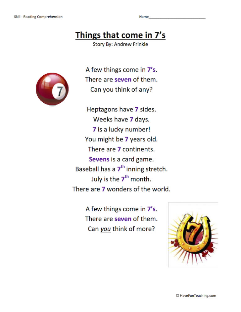Things that come in 7s Reading Comprehension Worksheet