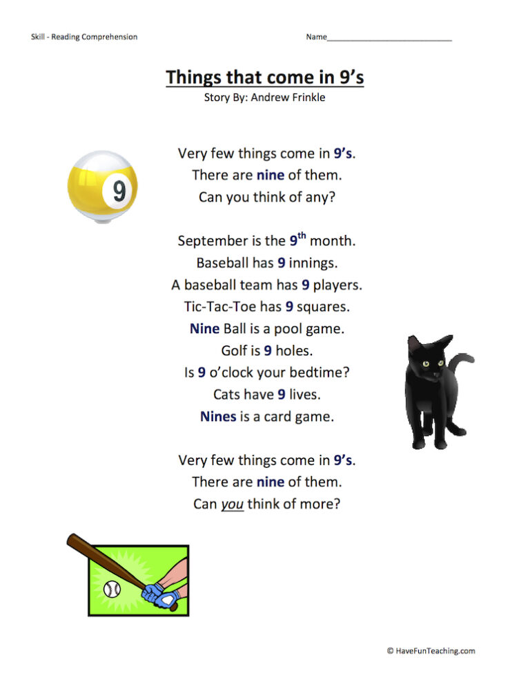 Things that come in 9s Reading Comprehension Worksheet