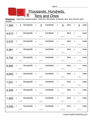 Thousands Hundreds Tens Ones Worksheet
