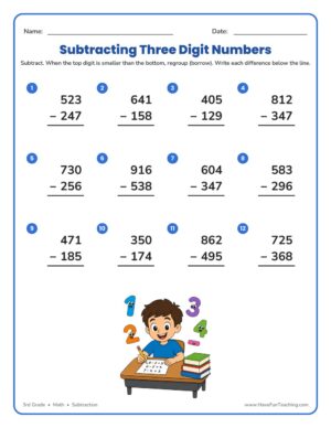 3rd grade triple digit subtraction with regrouping worksheet