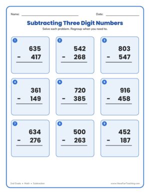 Triple digit subtraction regrouping worksheet for 2nd grade math practice