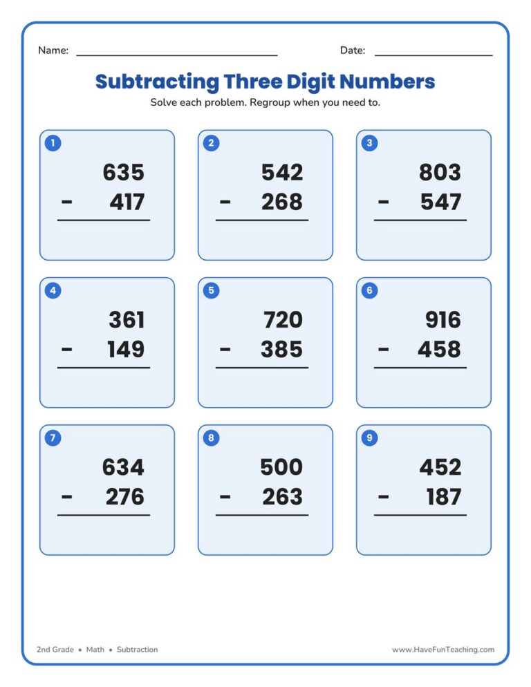 Triple Digit Subtraction Regrouping Worksheet