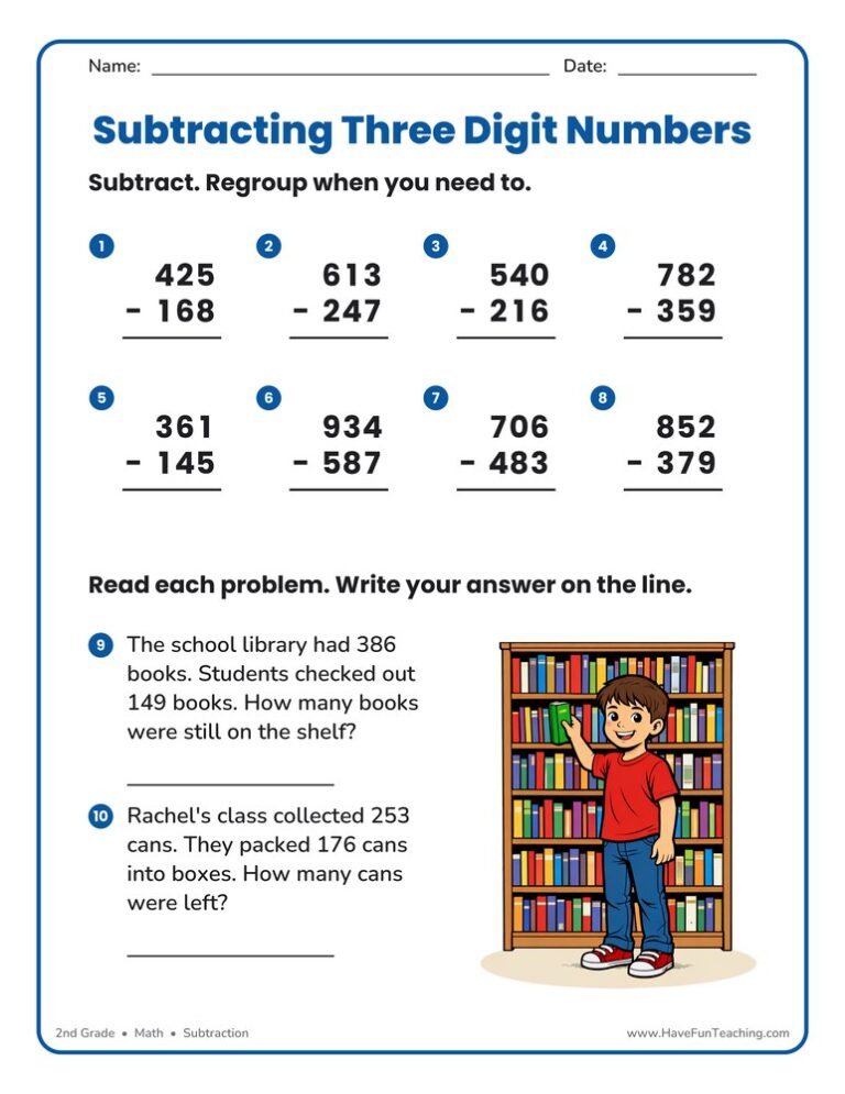 Triple Digit Number Subtraction Regroup Worksheet