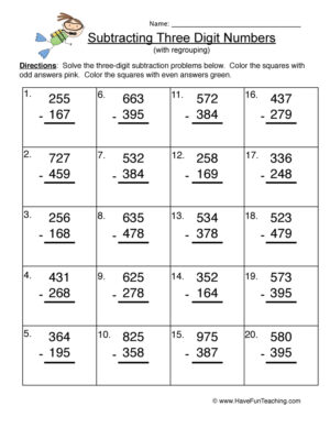 Triple Digit Number Subtraction Regrouping Worksheet
