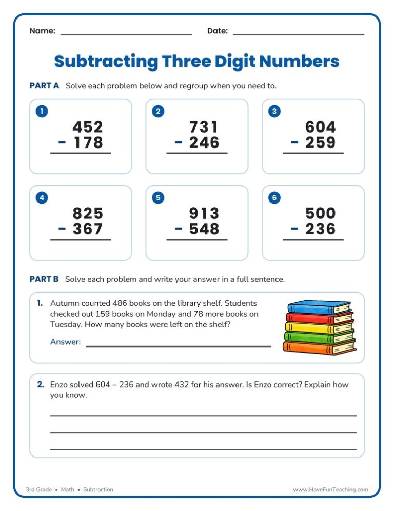 Triple Digit Number Subtraction Regrouping Worksheet