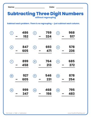 Triple digit subtraction no regrouping worksheet for 2nd grade math practice