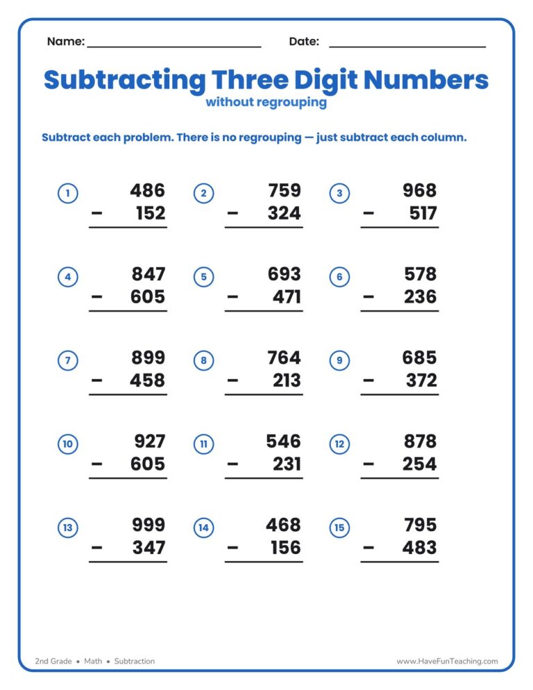 Triple Digit Subtraction No Regrouping Worksheet
