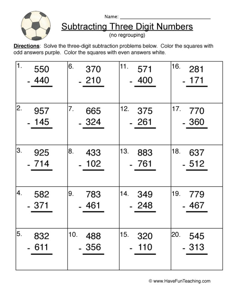 Triple Digit Subtraction No Regroup Worksheet