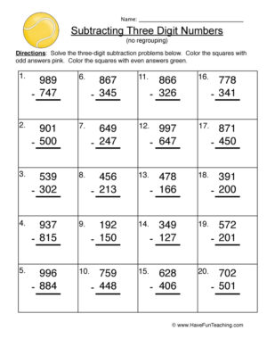 Triple Digit Subtracting No Regroup Worksheet