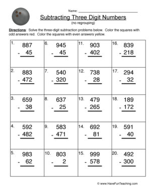 Triple Digit Subtracting No Regrouping Worksheet