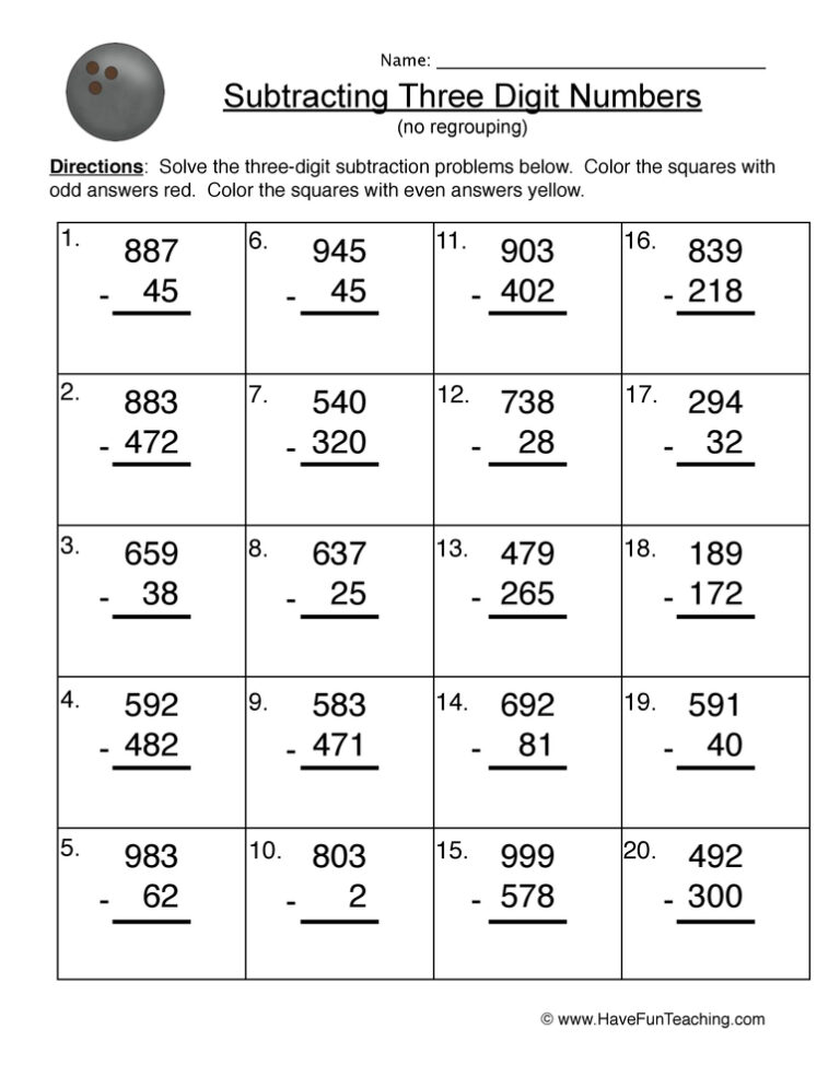 Triple Digit Subtracting No Regrouping Worksheet