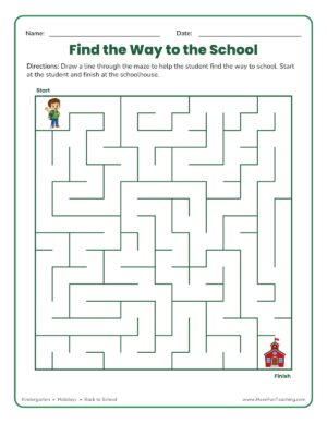 kindergarten back to school maze worksheet showing a student finding the path to the schoolhouse