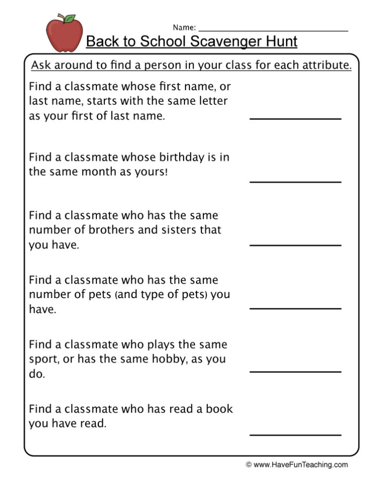 Back to School Scavenger Hunt Worksheet