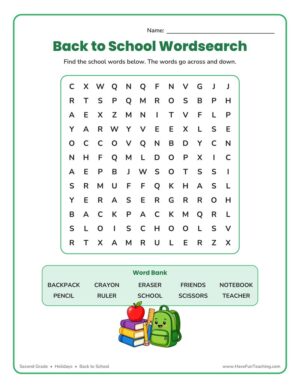 2nd grade back to school word search worksheet with school vocabulary