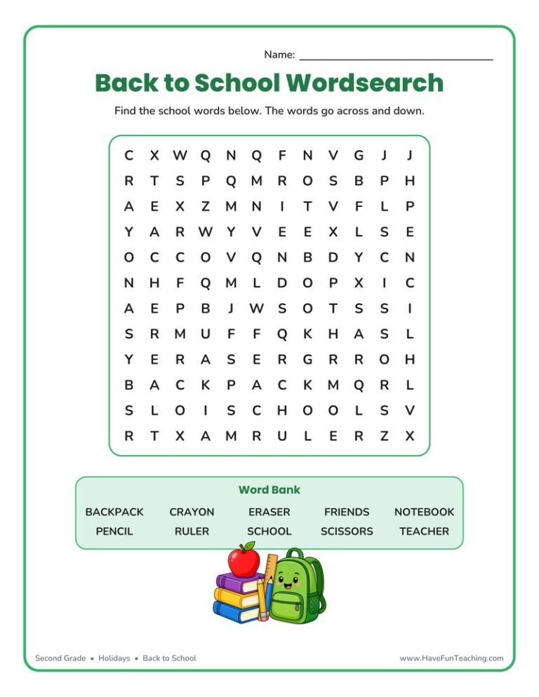 Back to School Fun Word Search Worksheet