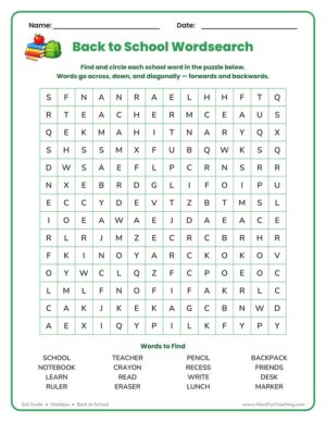 Back to School Word Search Worksheet with school vocabulary words for 3rd grade students