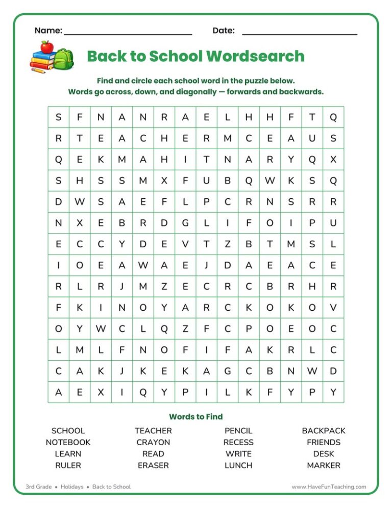 Back to School Word Search Worksheet