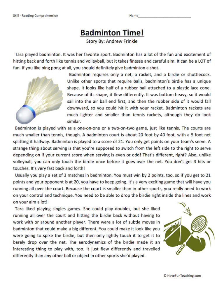 Badminton Time Reading Comprehension Worksheet