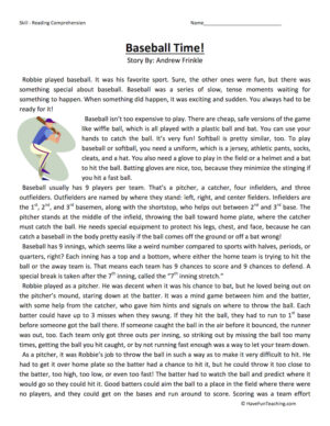 Baseball Time Reading Comprehension Worksheet