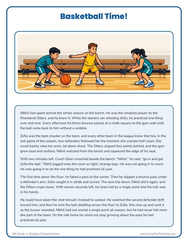Basketball Time Reading Comprehension Worksheet