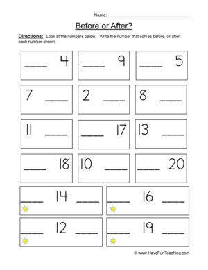 Before or After Numbers Worksheet