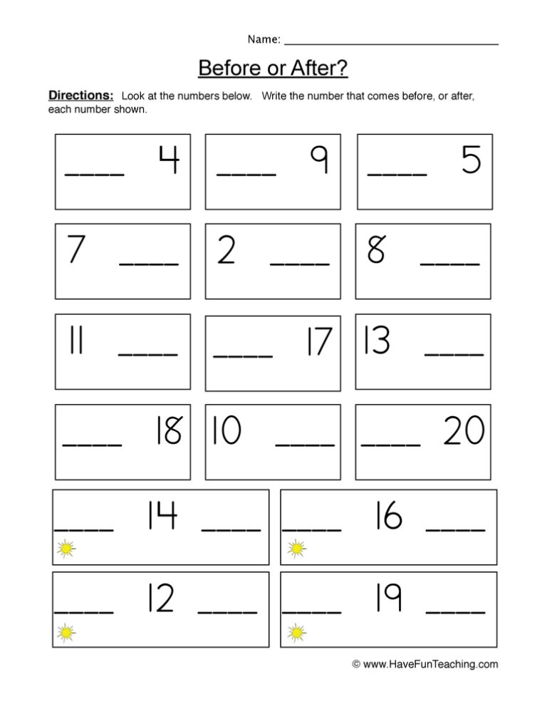 Before or After Numbers Worksheet