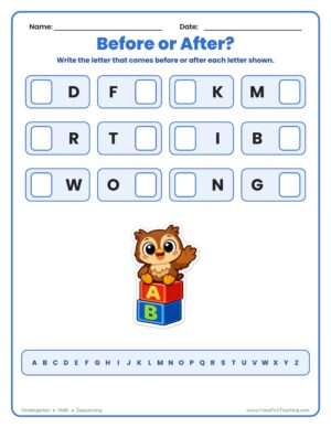 Before or After Letters Worksheet for kindergarten — students write the capital letter that comes before or after each letter shown