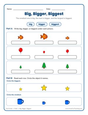 First grade big, bigger, biggest worksheet comparing objects by size