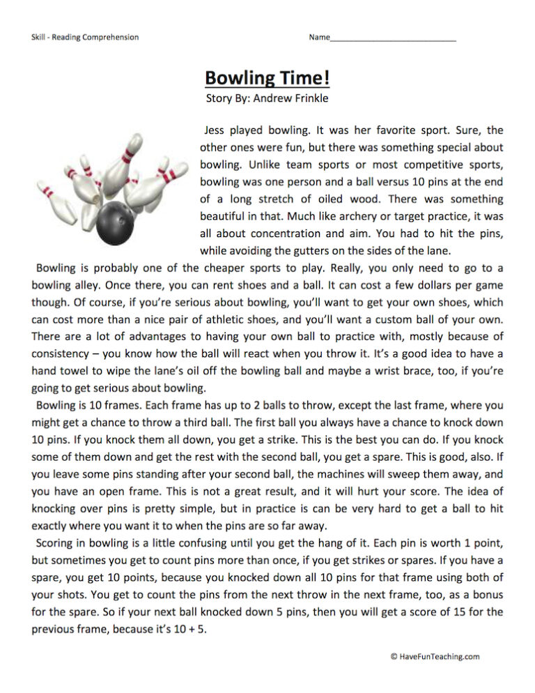 Bowling Time Reading Comprehension Worksheet