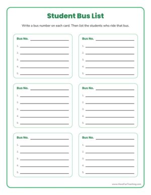 Kindergarten back to school bus list worksheet for recording student bus assignments