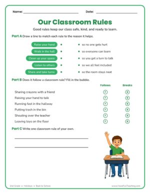 2nd Grade Back to School classroom rules worksheet