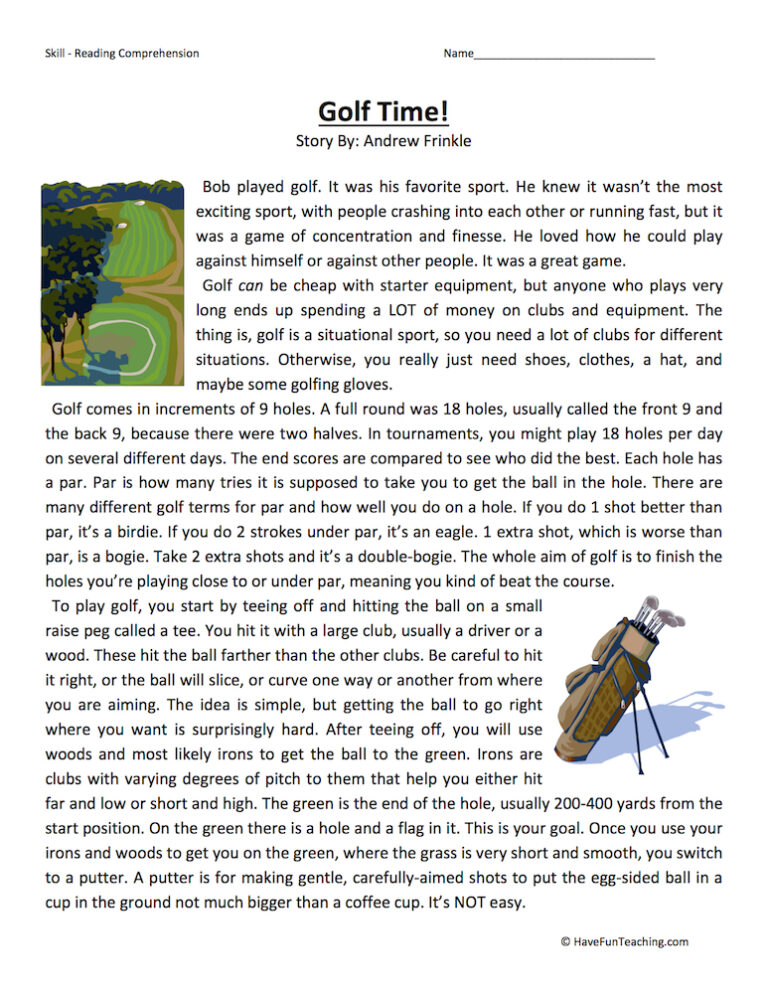 Golf Time Reading Comprehension Worksheet