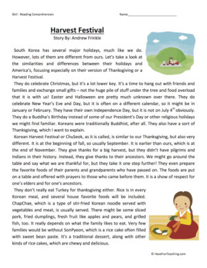 Harvest Festival - Reading Comprehension Worksheet