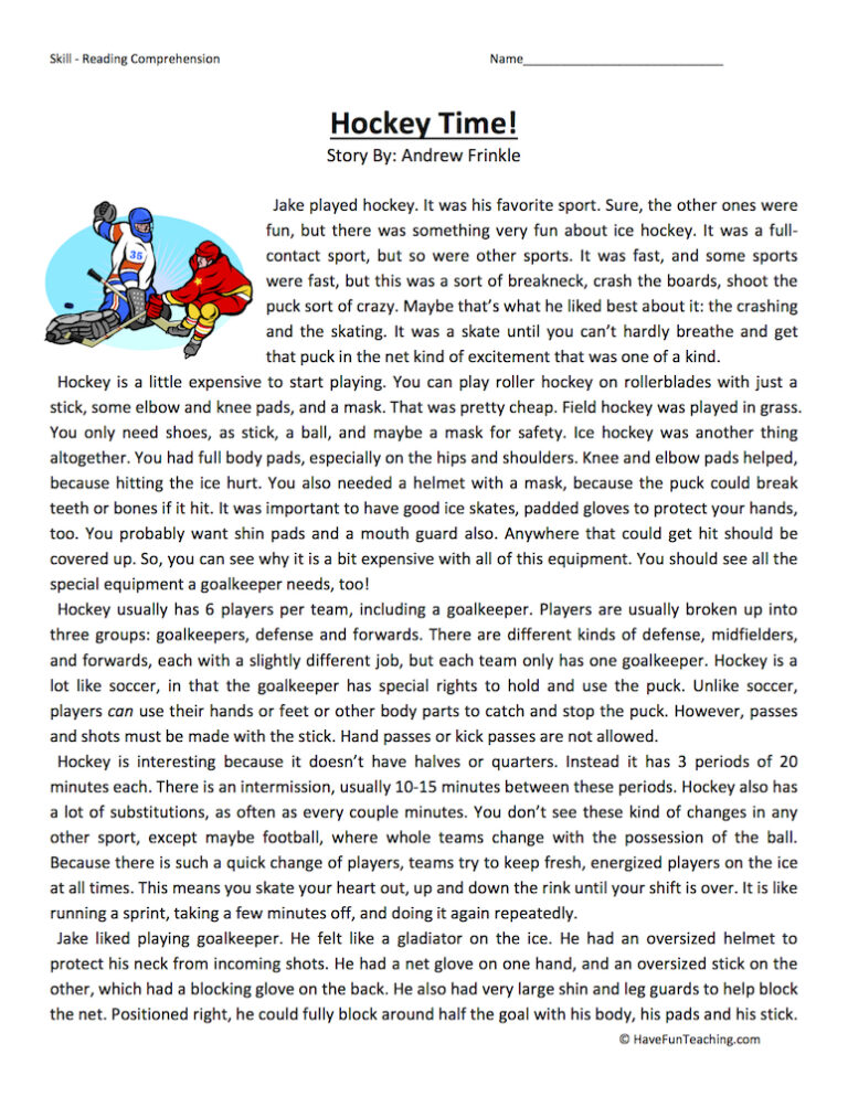 Hockey Time - Reading Comprehension Worksheet