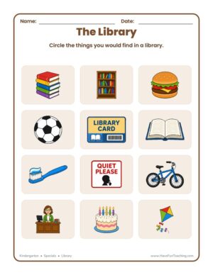 Kindergarten library objects worksheet