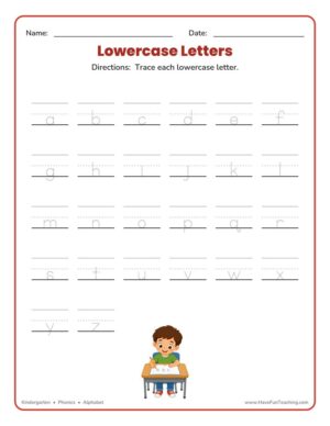 Lowercase letters writing worksheet for kindergarten students to trace lowercase letters a to z