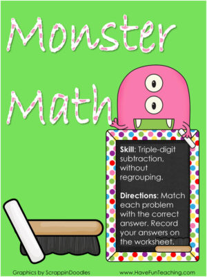 Monster Math Triple Digit Subtraction Activity
