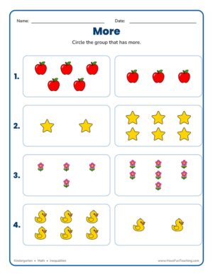 Kindergarten circling groups with more math inequalities worksheet
