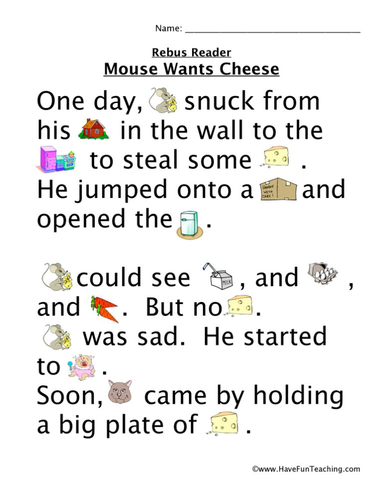 Mouse Wants Cheese Rebus Worksheet