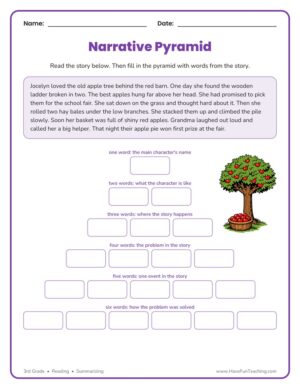 3rd Grade narrative pyramid summarizing worksheet