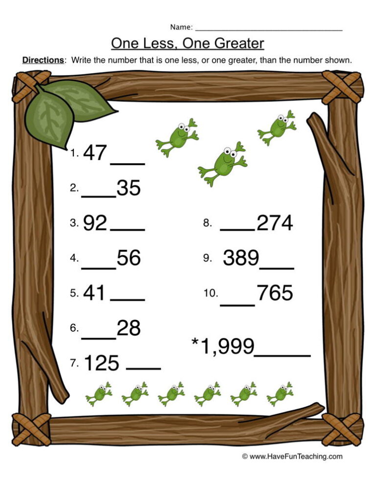 One Less One Greater Worksheet