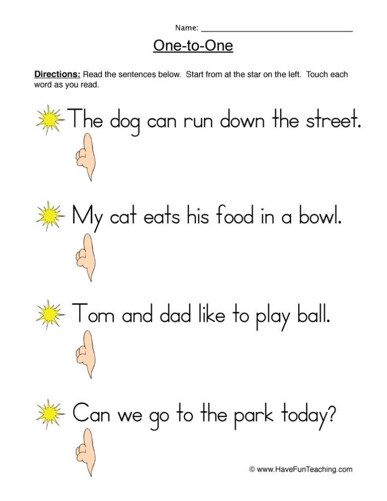 One to One Reading Words Worksheet