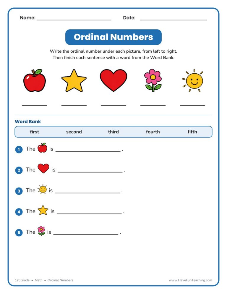 Ordinal Numbers Descriptions Worksheet