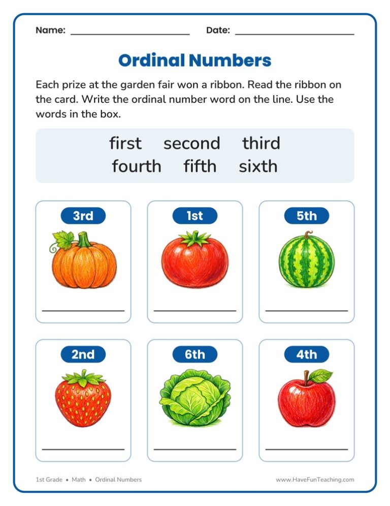 Ordinal Numbers Words Worksheet