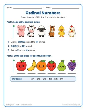 Kindergarten labeling ordinal numbers worksheet with farm animals and fruit lined up in order