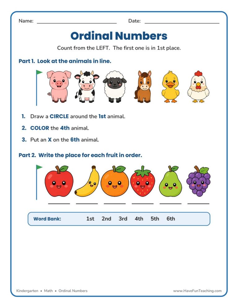 Labeling Ordinal Numbers Worksheet